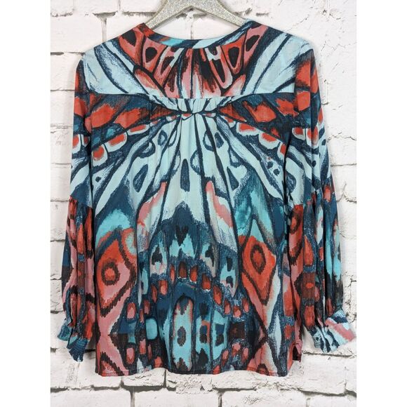 CHICO'S Cuff Sleeve Butterfly Top Colorful Artsy Casual Career Size 1 (8/10) - Picture 7 of 11